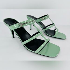 Gucci Pacific Green Glossy Leather Horsebit Heel Mule Sandals Size EU 39.5